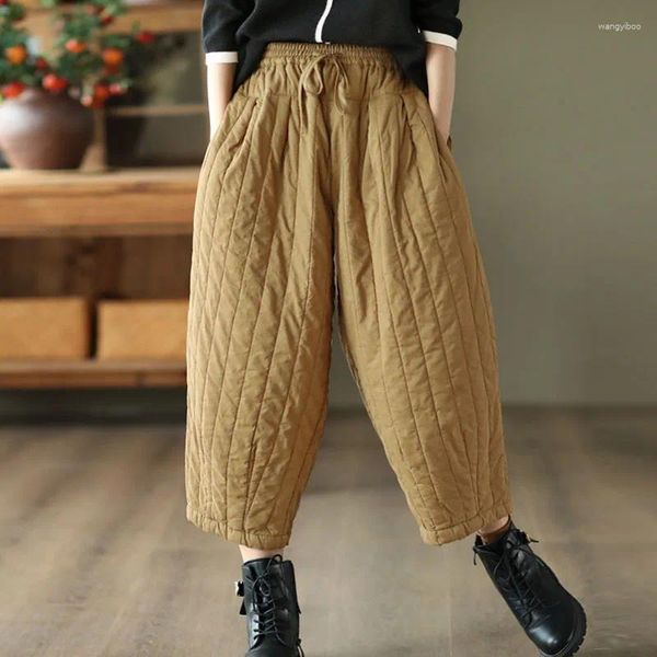 Pantalon Femme NINI WONDERLAND 2024 Hiver Patchwork Plus Coton Chaud Casual Femmes Taille Élastique Pantalon Lâche Dame Longueur Cheville