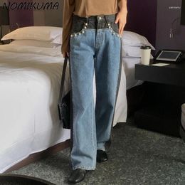Pantalon féminin Nomikuma Korea Chic Autumn Hit Color Beads High Waited Long Jeans Cause 2024 Pantalon Demin à jambe large Femmes