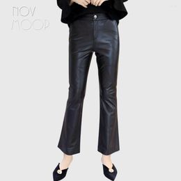 Damesbroek Novmoop High Street Casual stijl Dames Zomer Zwarte elastische taille Lamsvacht Echt leer Flare Spodnie Pantalones LT3093