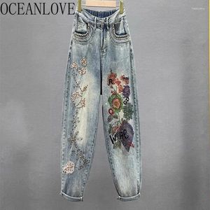 Damesbroek OCEANLOVE Kralen Vintage Denim Voor Vrouwen Losse Lente Herfst Ins Mode Pantalones De Mujer Hoge Taille Broek