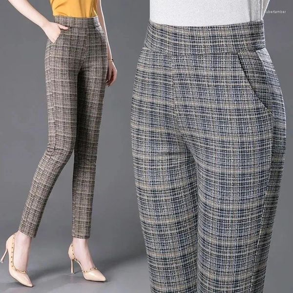 Pantalones de mujeres Oficina de la mujer Lápiz a cuadros Slim Mujer Corea Fashion Corea