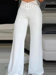 Pantalon femme bureau dame pantalon mince sexy évider taille haute jambe large pour les femmes vêtements 2023 été élégant solide croisé