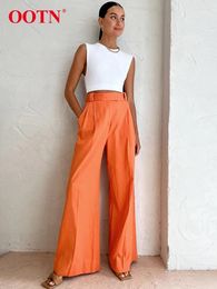 Pantalon femme OOTN été Chic décontracté Orange Long coton lin pantalon ample femme poches taille haute jambe large femmes 2024