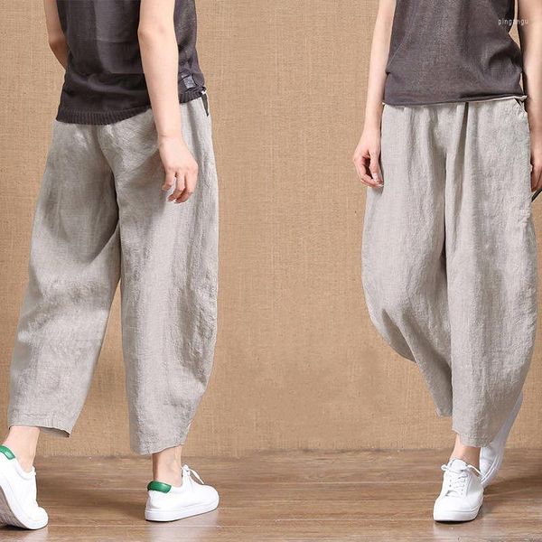 Pantalones de mujer de gran tamaño de verano finos nueve puntos sueltos moda coreana ropa de mujer de lino de algodón cintura media todo-fósforo