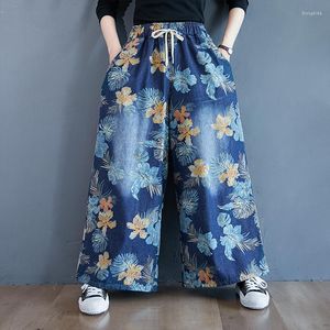 Pantalons pour femmes surdimensionné Corée été mode femmes Floral Denim pantalon à jambes larges décontracté lâche dames grande taille Vintage imprimé pantalon droit