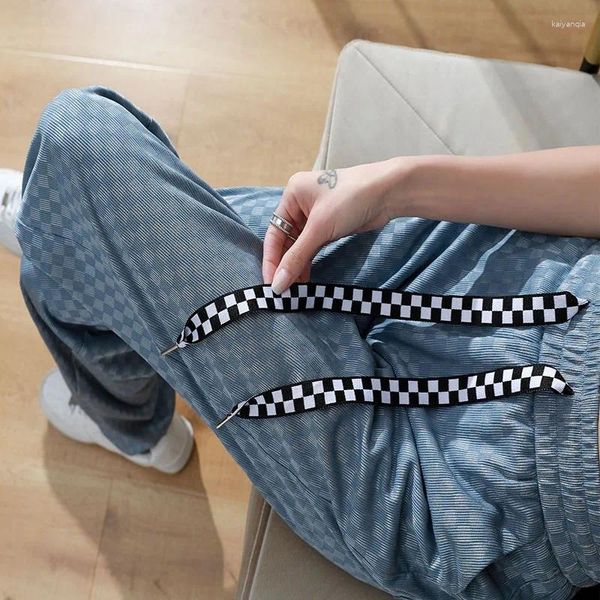 Pantalon femme surdimensionné doux confort glace soie jambe large été Plaid Baggy droit Long pantalon pour femmes bleu cordon