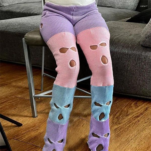 Pantalon femme Patchwork multicolore dames longue taille haute tricoté pull Leggings évasé trou inférieur empilé