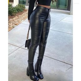 Pantalon Femme Crayon Mode Streetwear Poches Moulante En Cuir Y2K Femmes Sexy Casual Taille Haute Skinny PU Pantalon