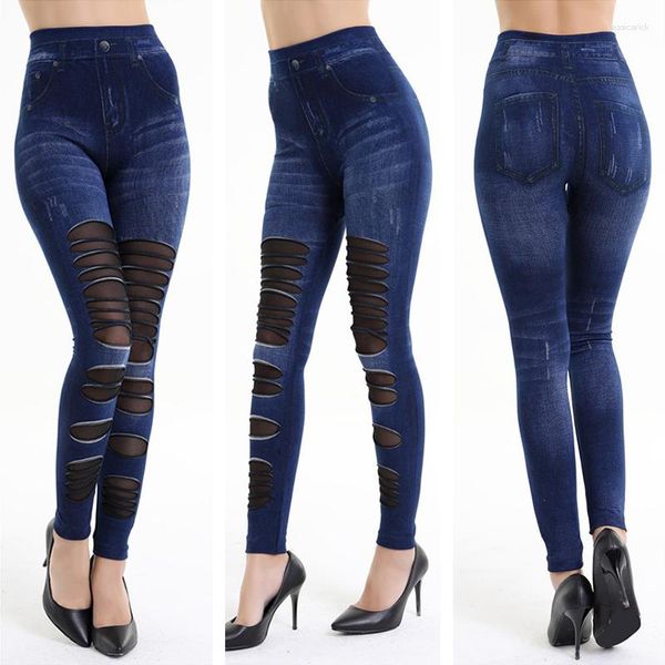 Pantalon femme personnalité évider maille Patchwork Imitation Denim Leggings cravate vêtements d'extérieur Sexy serré Stretch Polyester crayon