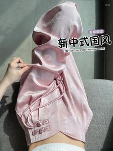 Damesbroek roze Chinees satijn jacquard pak voor de lente en herfst hoge taille losse uitgestrekte pan buckle wide been