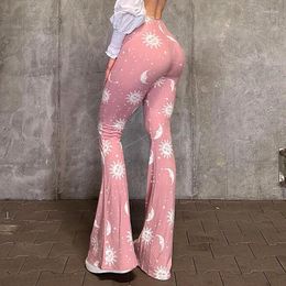 Pantalon féminin rose basse taille évasée pantalon résumé imprimé les jambes larges femmes moon soleil leggings slim fit pantalon chic