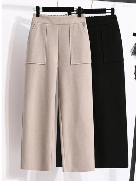 Pantalon femme grande taille automne hiver chaud laine jambe large pantalon pour femmes taille haute poches pantalon qualité décontracté 5XL tissu