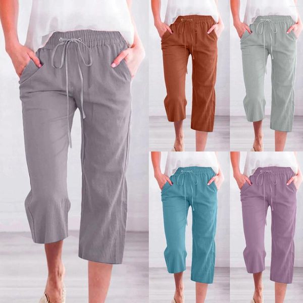 Pantalones de mujer de talla grande de algodón y lino para mujer, pantalones informales holgados con bolsillos y cintura elástica lateral, pantalones Capri recortados para mujer