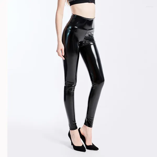 Pantalon Femme Plus Taille XXXL Noir Femmes Leggings Sexy Taille Haute Élastique Pu Cuir Skinny Brillant Brillant Look Métallique Latex Legging