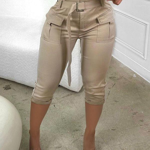 Pantalons pour femmes Conception de poche Paperbag Taille Cargo avec ceinture Femmes Couleur unie Été Printemps Leggings