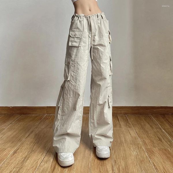 Pantalones de mujer con retazos de bolsillo rectos Y2K caqui claro de tiro bajo holgados Casual Cargo para mujeres Harajuku Joggers monos