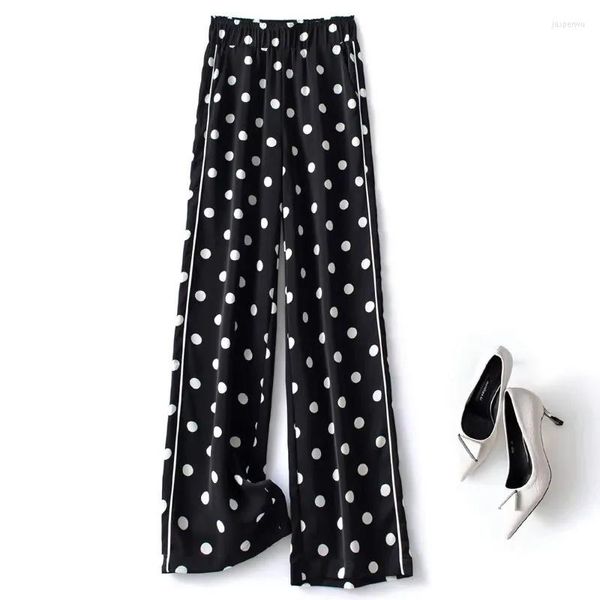 Pantalones de mujer con estampado de lunares en blanco y negro, primavera 2022, moda coreana, cintura alta, informal, pierna ancha, tubo lateral para mujer