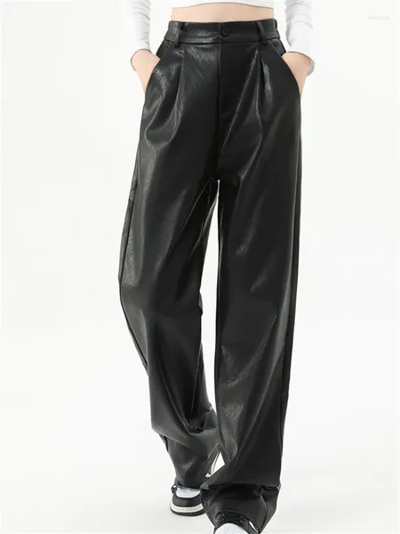 Pantalones de mujer de cuero PU 2024 Otoño Invierno sólido negro cintura alta pierna ancha longitud completa pantalones clásicos sueltos femeninos