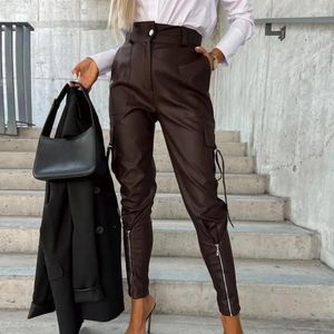 Women's Pants Pu Leather High Waist Cuffed Thermal Leggings For Women Black Spanx Casual Pocket Long Temperament Commuting Style