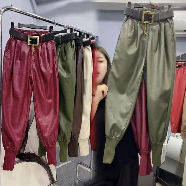 Pantalones para mujer PU Cuero Color Sólido Cálido Mujeres 2023 Otoño Invierno Coreano Suelto Casual Haram Pantalones