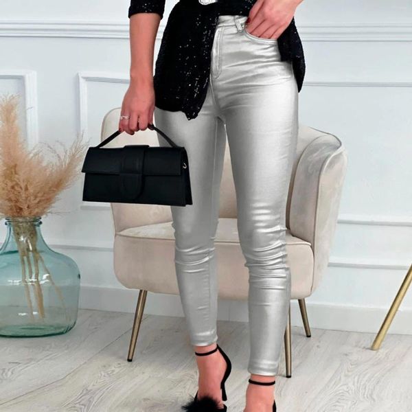 Pantalones de mujer Pu Leggings Pantalones sexy Oro Plata Negro Medias de cintura alta Mujeres Lápiz Mujer Streetwear Flaco Cuero de imitación