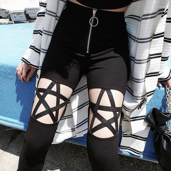 Pantalones de mujer Punk gótico Leggings ahuecados pantalones de estrella de cinco puntas ropa de mujer verano delgado