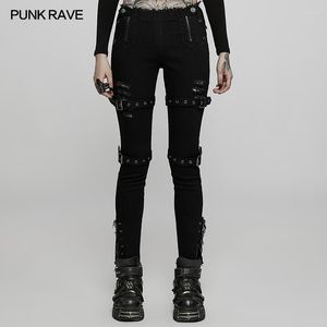 Pantalon femme Style PUNK RAVE beau taille basse ajustement serré Denim jambes boucles décoration maigre femme pantalon noir