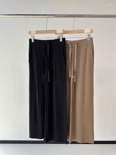 Pantalones de mujer Pure Cashmere Cintura alta Cordón Prendas de punto Ropa Casual Pierna recta ancha