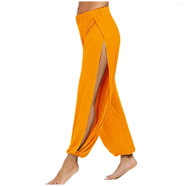 Pantalon pour femmes couleur purement décontractée haute taille élastique pieds liés côté côté mousseline de mousseline de mousseline respirante vêtements d'été