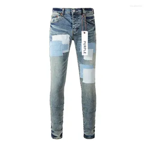 Pantalon femme violet marque jean denim avec patchs de rue en vieux patch tissu réparation taille basse maigre