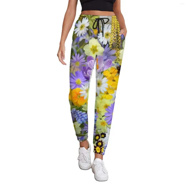 Pantalones de mujer con estampado de Margarita púrpura, pantalones de chándal holgados con flores, elegantes, Hippie, personalizados, talla grande 3XL