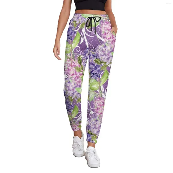 Pantalon féminin Purple Floral Imprimé pour femmes Fleurs aquarelle élégantes Joggers Spring Design Streetwear Big Size Pantaux IDEA GADE