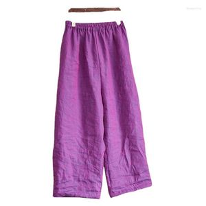 Pantalon femme violet lin jambe large femmes couleur unie taille élastique 2023 printemps automne poches vêtements ample Vintage lin pantalon