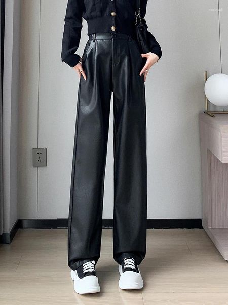 Pantalon féminin Qoelrin High Taist Pockets Ligne droite Jeans en cuir élastique large pantalon noir 2024