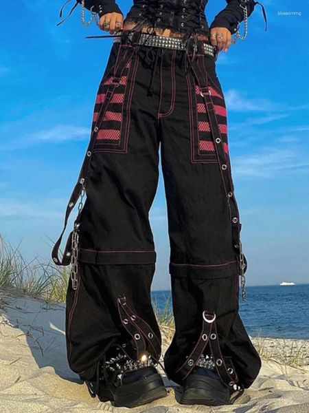 Pantalon féminin Qweek Harajuku Chaîne Bandage Gothic Punk Streetwear Femmes Y2K Baggy Goth Dark Academic Traftive 2024 Spring Fashion 90
