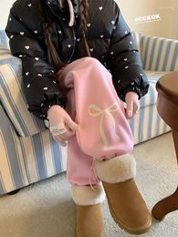 Pantalon Femme QWeek Y2K Fairycore Pink Fleece Pantalon de survêtement Femmes Coréenne Mode Bow Print Gris Jogger Surdimensionné Harajuku Kawaii Pantalon