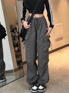 Pantalones para mujer Qweek Y2K Streetwear Grey Cargo Mujeres de gran tamaño Hip Hop Egirl Bolsillos Pantalones de pierna ancha Pantalones de chándal con cordón de estilo coreano