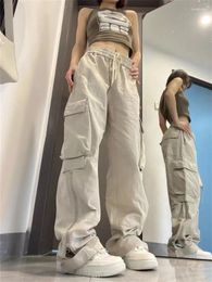 Damesbroek QWEEK Y2K Vintage jaren 90 Beige Cargo Vrouwen Harajuku Retro Wijde Pijpen Broek Oversized Straat Zakken Elastische Taille Pantalon