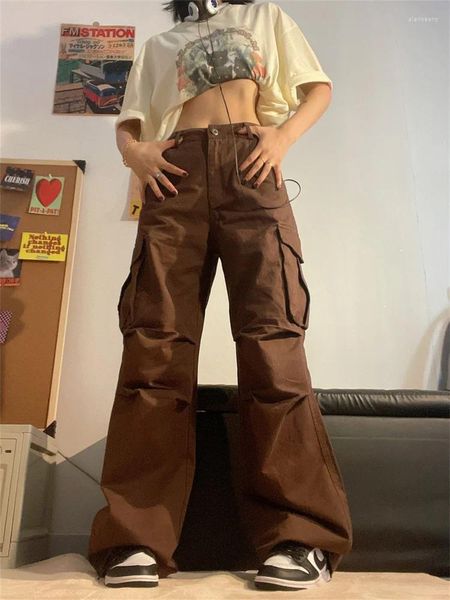 Pantalon femme Qweek Y2K Vintage Brown Cargo Femmes 90s Streetwear Rétro Blanc Parachute Pantalon surdimensionné Harajuku Egirl Pantalon large