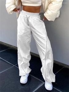 Pantalon Femme QWEEK Y2K Blanc Cargo Parachute Femmes Streetwear Hip Hop 90s Vintage Joggers Pantalon de survêtement Baggy Pantalon à jambe large Piste