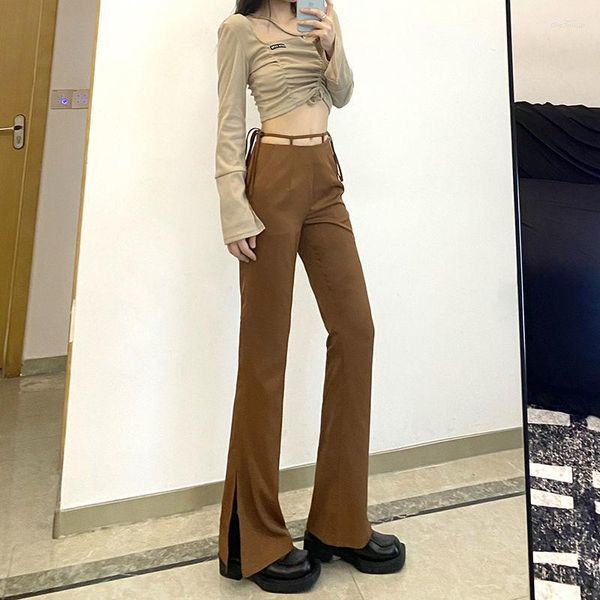 Pantalones de mujer Rapcopter Brown Lace-up Micro-Pull Suit Hollow Wide-Leg Split Mop All-Matching Casual Streetwear Dress