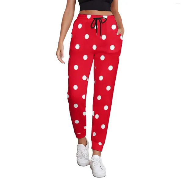 Pantalon femme rouge à pois blancs pointillé cercles Style de rue pantalons de survêtement printemps femme modèle décontracté pantalon grande taille