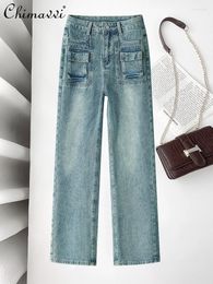 Pantalon féminin Retro Blue Lignet large pour les femmes 2024 Spring High Fashion Casual All-Match Large Pocket Straight Denim pantalon