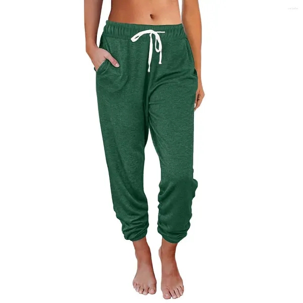 Pantalones de mujer Retro cintura elástica primavera y otoño moda cordón Casual bolsillo suelto alto nueve puntos pie de viga