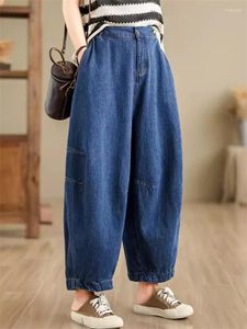 Damesbroeken Retro jeans voor vrouwen 2024 zomer elastische taille brede benen los bijgesneden radijs casual denim broek K506