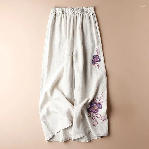Pantalon femme Style rétro coton et lin brodé jambe large R été 2024 mince ample décontracté avec couleur naturelle