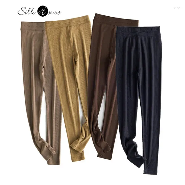 Pantalones de mujer Rib Slim Fit Elástico de punto Casual Mujeres Otoño e Invierno Estilo Mulberry Seda Felpa Autocalentamiento Leggings de cintura alta