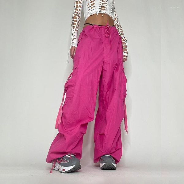 Pantalones de mujer, monos con cinta, pantalones de Hip-hop, mallas de pierna ancha con personalidad rosa urbana, ropa de calle para mujer