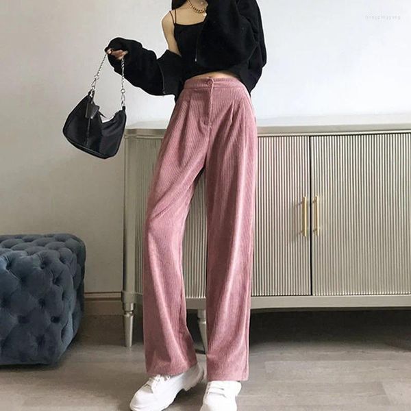 Pantalon féminin Rimocy 2023 Cordigure rose pour femmes Automne Hiver Straight High Taonrs Femme Femme Casual Wide Leg Bureau Bureau