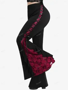 Damesbroeken ROSEGAL Gothic Rose Lace Panel Lace-up Ruffle Flare Dames Street chic Elastische taille Pull-on Colorblock Bell Bottom